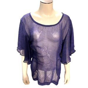 CCC Purple Sheer Short Bell Sleeve Round Neck Summer Blouse Size Small Cover up